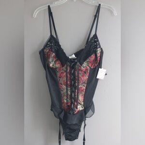 Vintage Escante Collection Black Red Gold Lace Lingerie Bodysuit L Exotic Gothic